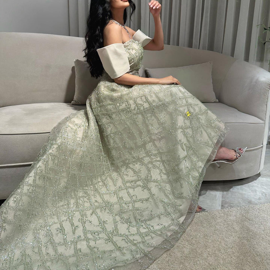 Elegant Sequin Sage Green A-line Strapless Evening Dresses SS427