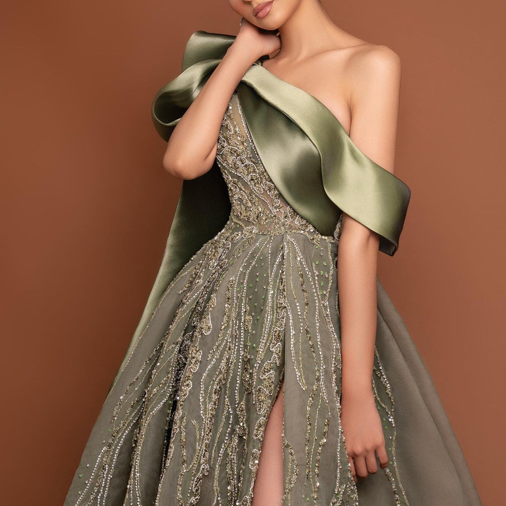Luxury Olive Green One Shoulder Evening Dress with Cape Sleeves SS323