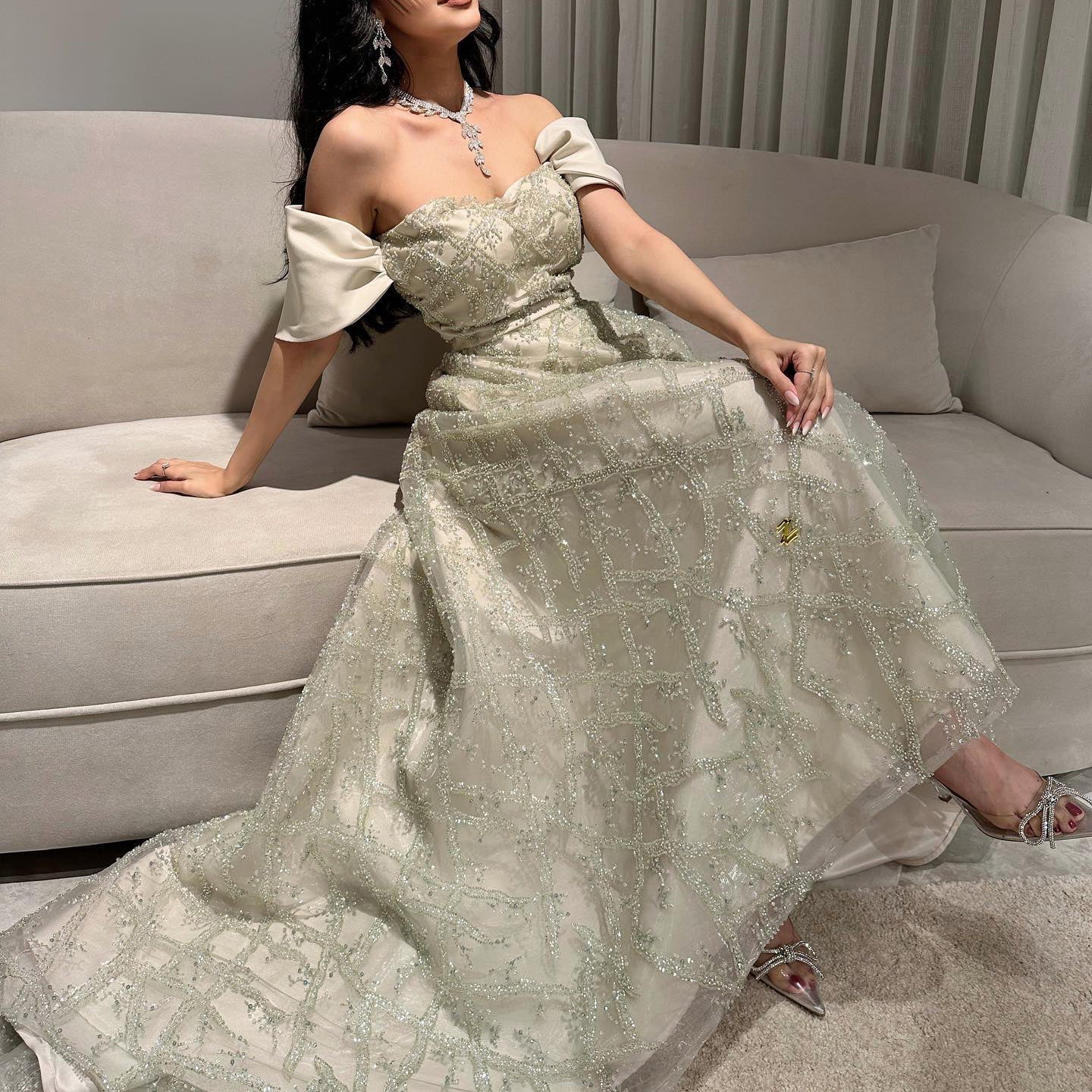 Elegant Sequin Sage Green A-line Strapless Evening Dresses SS427