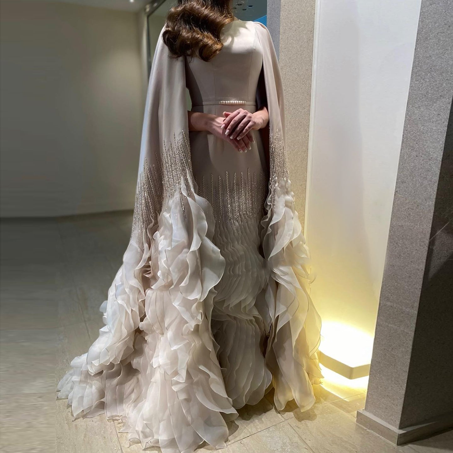 Luxury Nude Tiered Ruffles Mermaid Evening Dress with Cape Sleeves SS440