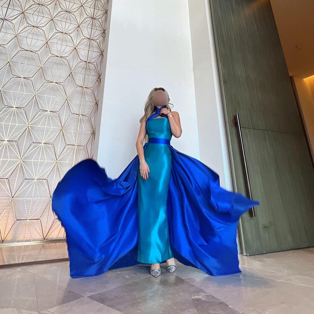 Elegant Royal Blue Contrast Turquoise Evening Dress with Overskirt SF012