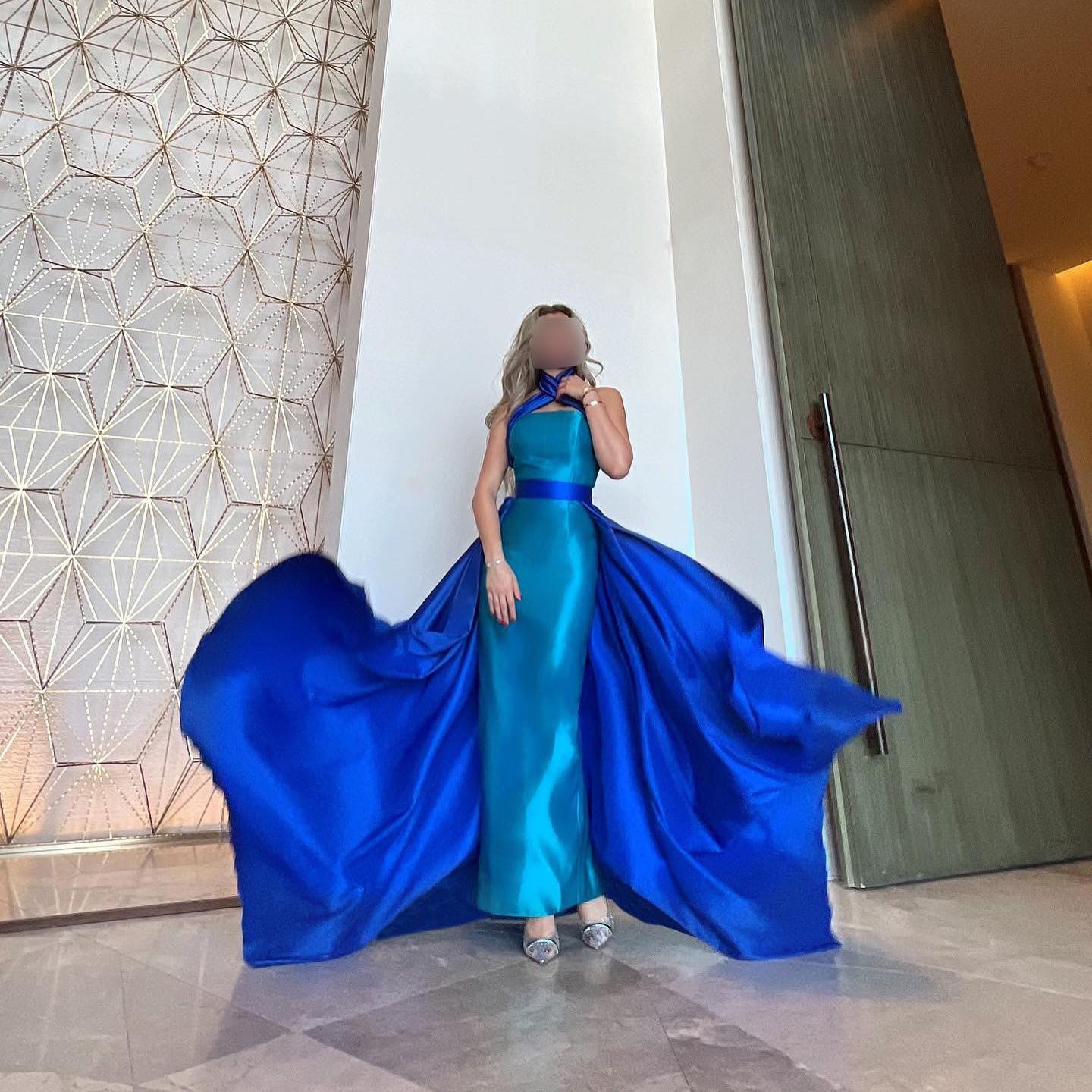 Elegant Royal Blue Contrast Turquoise Evening Dress with Overskirt SF012