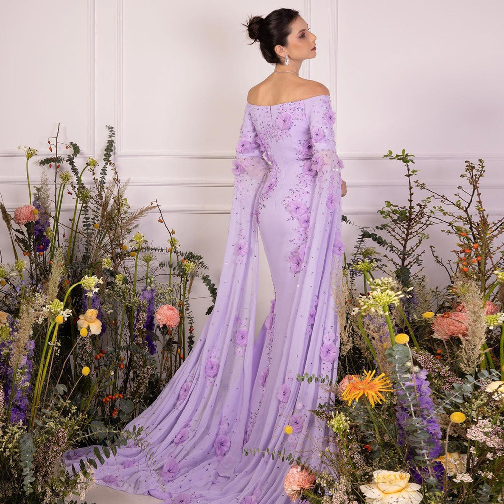 Elegant 3D Flower Lilac Off Shoulder Evening Dress SS450