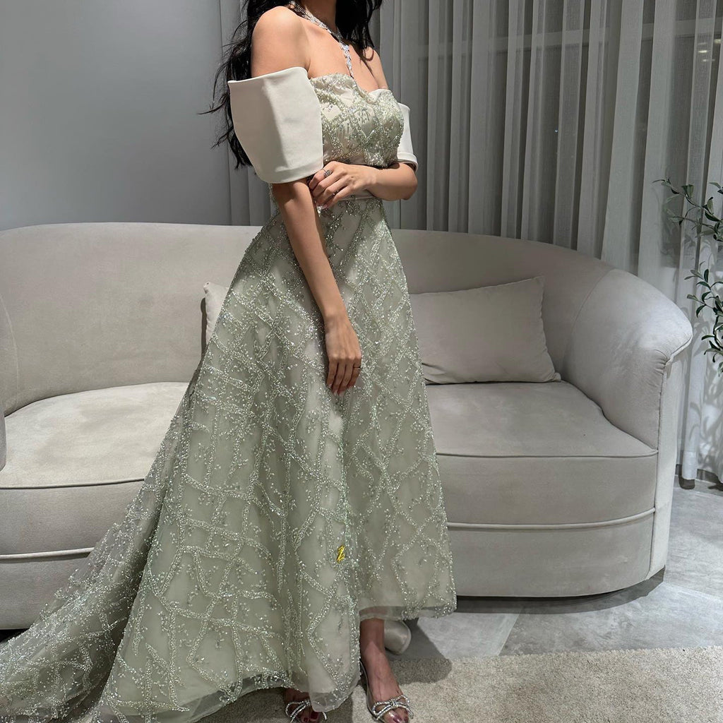 Elegant Sequin Sage Green A-line Strapless Evening Dresses SS427
