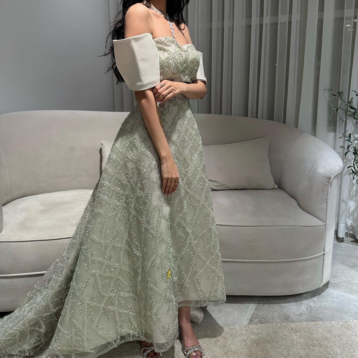 Elegant Sequin Sage Green A-line Strapless Evening Dresses SS427