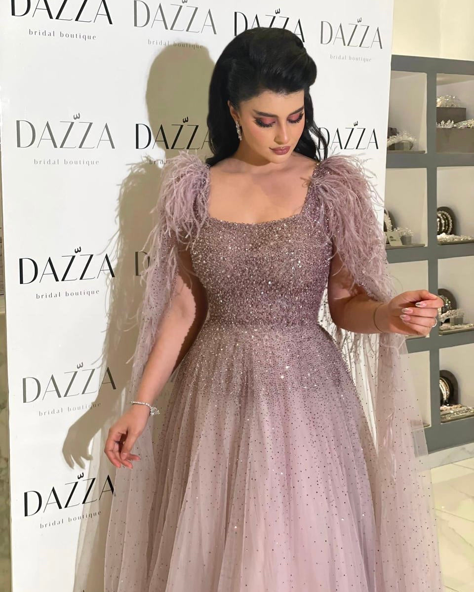 Elegant Dusty Pink Feathers Evening Dresses with Cape SS406