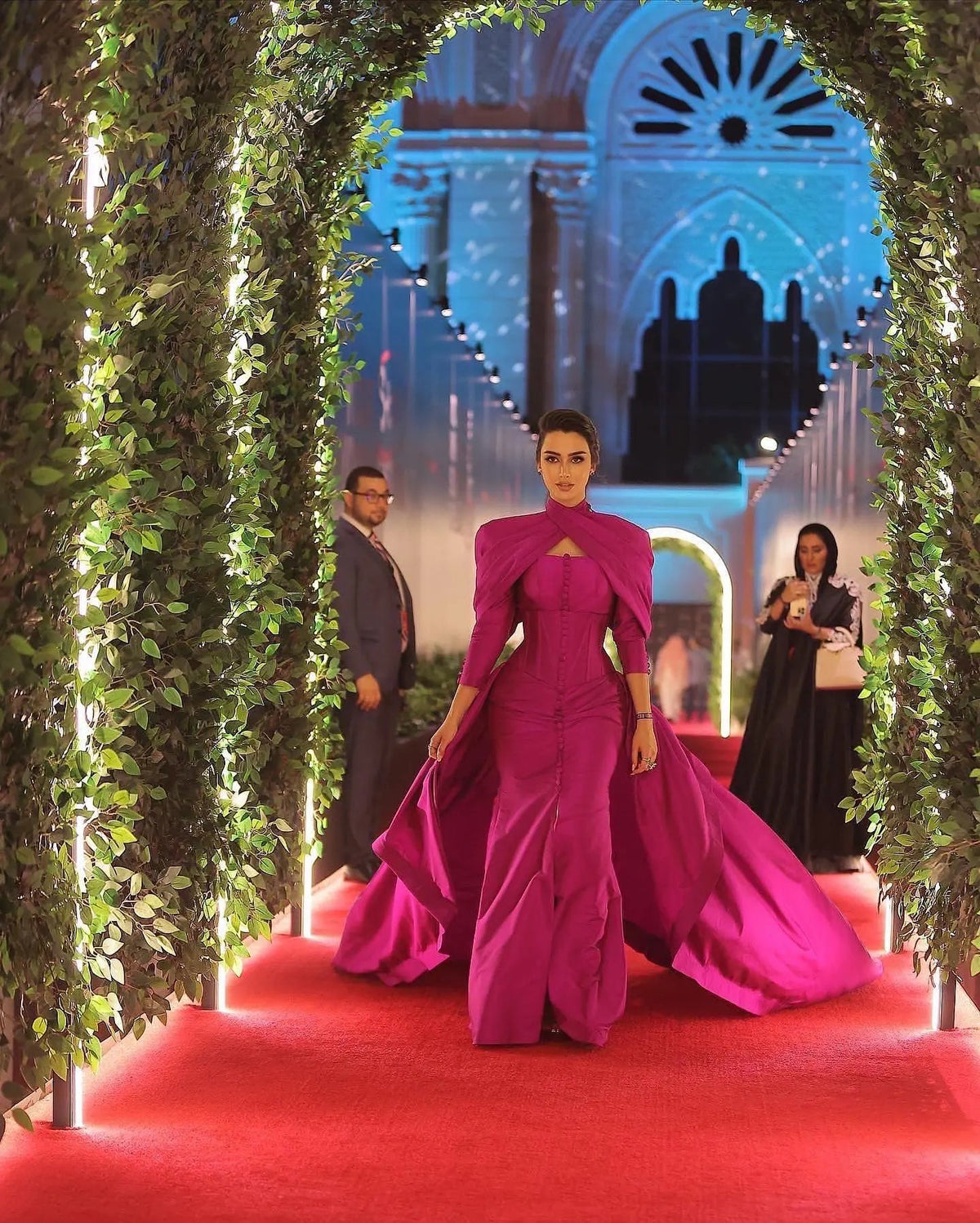 Fuchsia Mermaid Evening Dress with Overskirt Corset Long Sleeves SF030