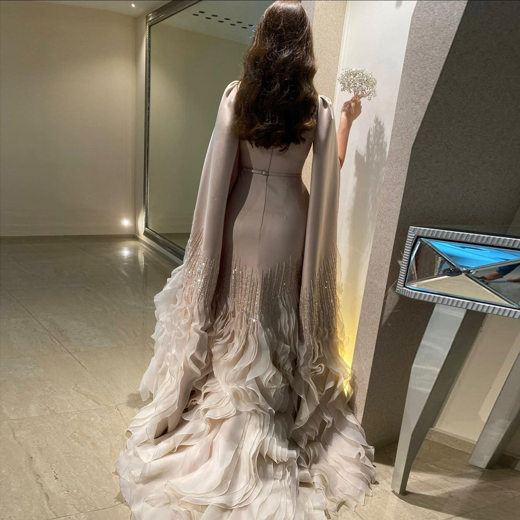 Luxury Nude Tiered Ruffles Mermaid Evening Dress with Cape Sleeves SS440