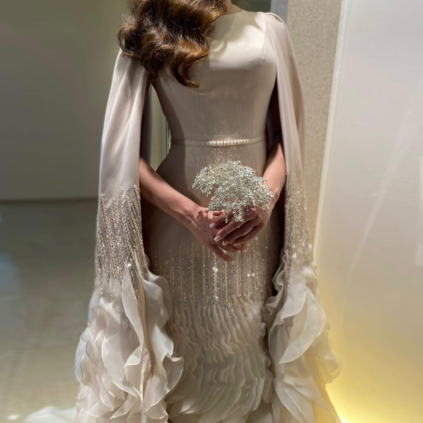 Luxury Nude Tiered Ruffles Mermaid Evening Dress with Cape Sleeves SS440