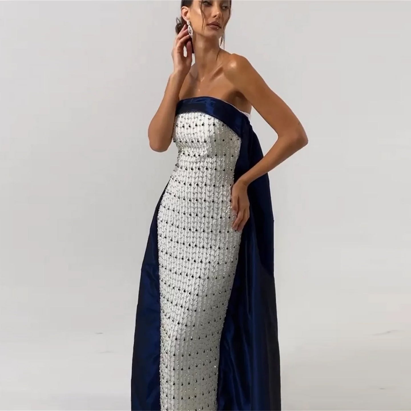 Luxury Beaded White Strapless Evening Dress with Cape SS422