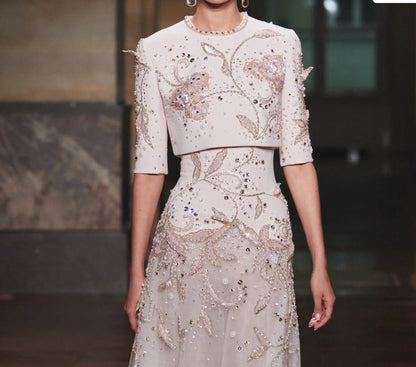 Luxury Blush Pink Crystal Short Sleeve 2 Pieces Evening Dress SS518