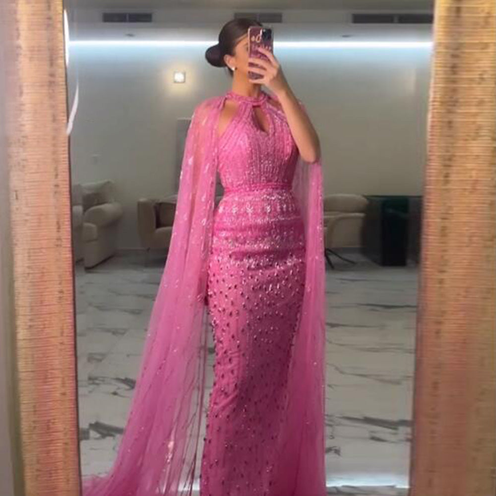 Luxury Mermaid Pink Evening Dress with Cape Sleeves SS361
