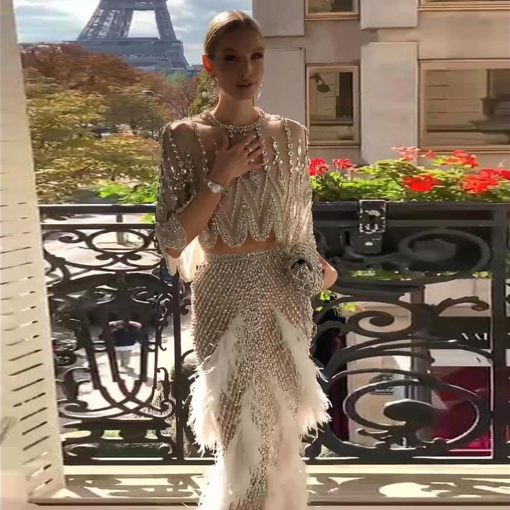 Luxury Beaded White Feathers 2 Pieces Evening Dress SS363