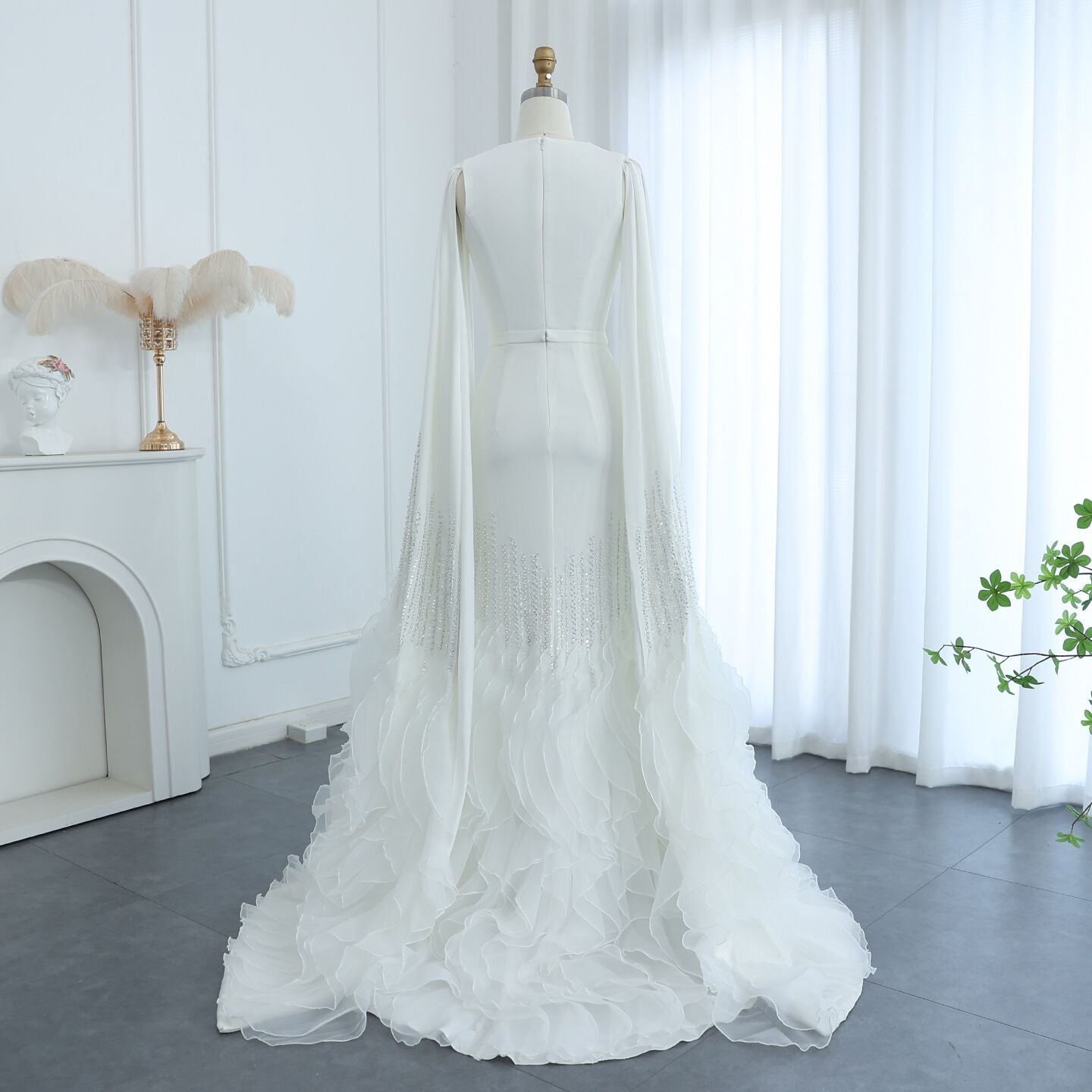 Luxury Nude Tiered Ruffles Mermaid Evening Dress with Cape Sleeves SS440
