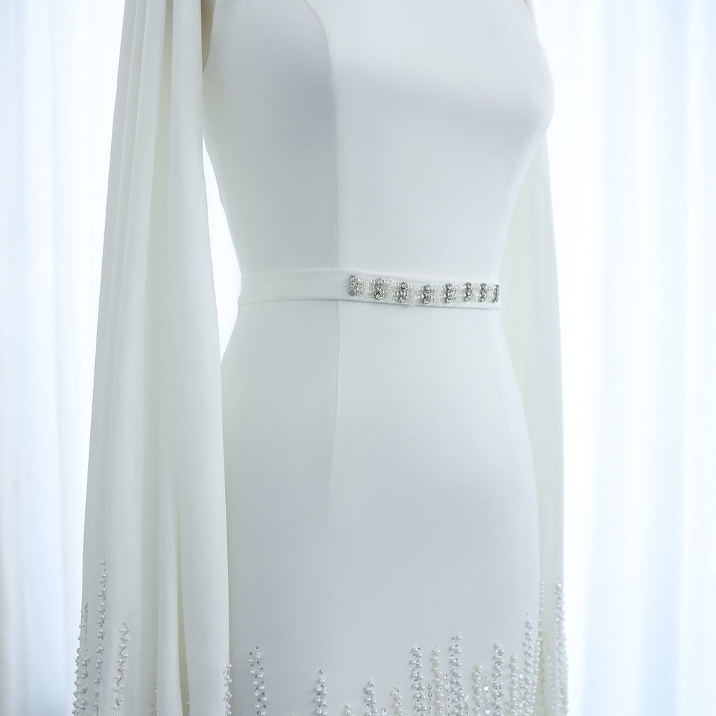 Luxury Nude Tiered Ruffles Mermaid Evening Dress with Cape Sleeves SS440