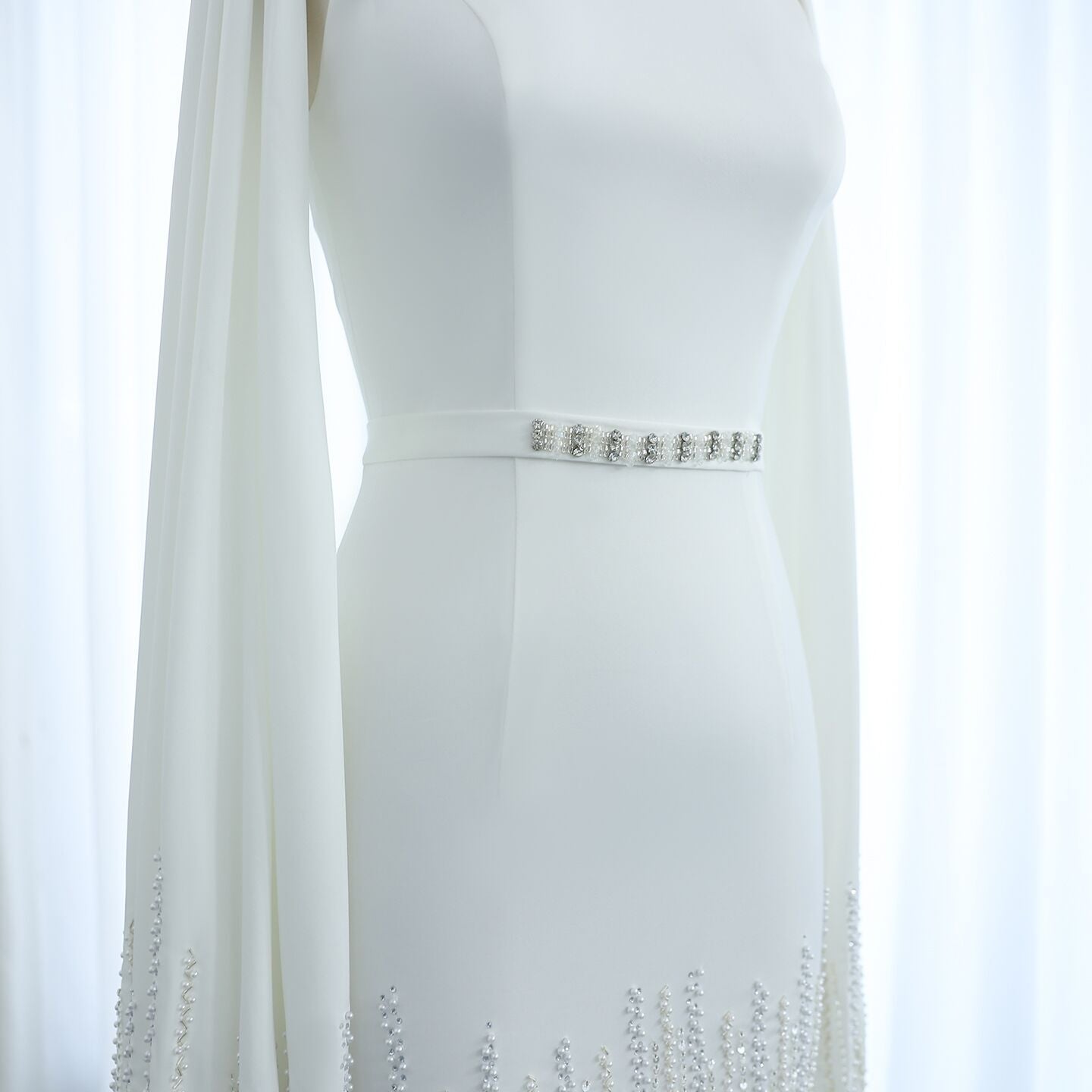 Luxury Nude Tiered Ruffles Mermaid Evening Dress with Cape Sleeves SS440