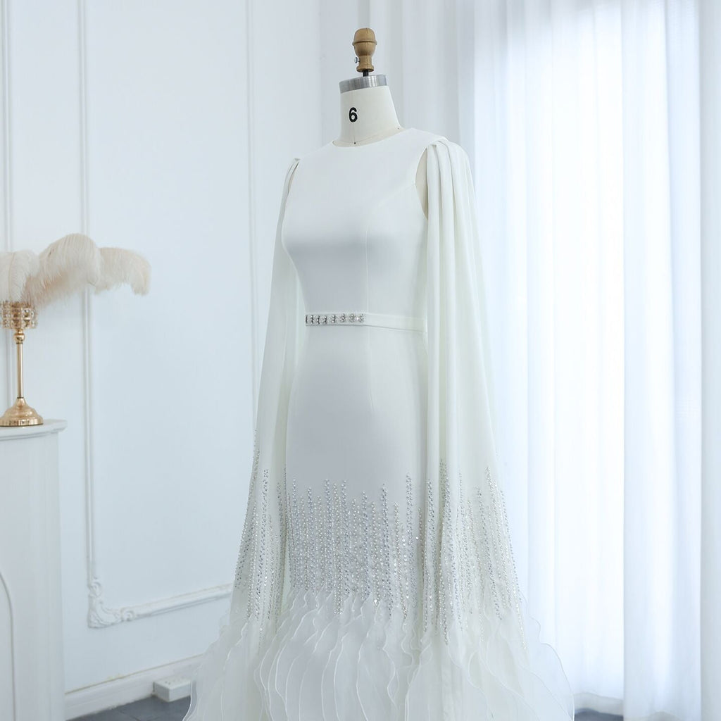 Luxury Nude Tiered Ruffles Mermaid Evening Dress with Cape Sleeves SS440