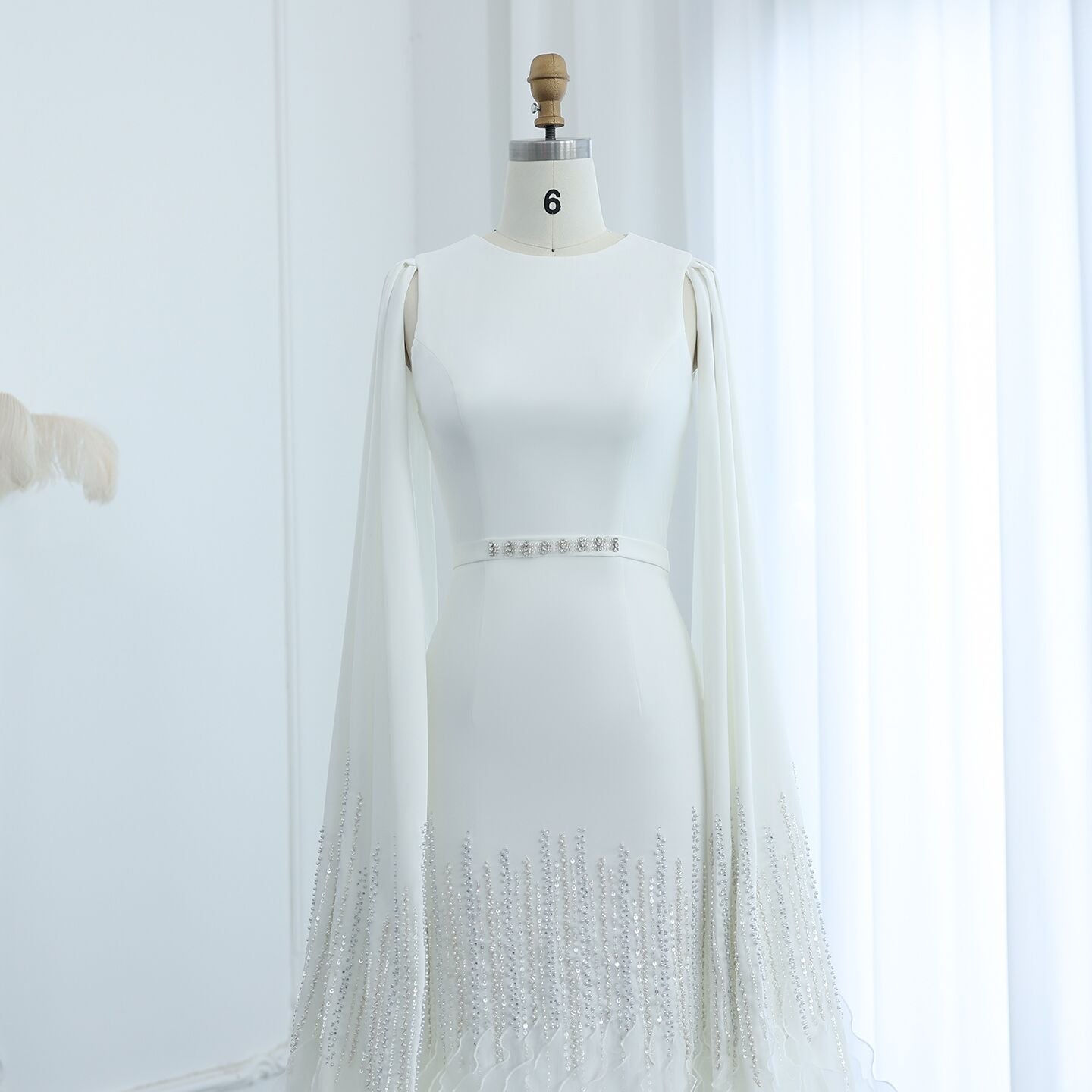 Luxury Nude Tiered Ruffles Mermaid Evening Dress with Cape Sleeves SS440