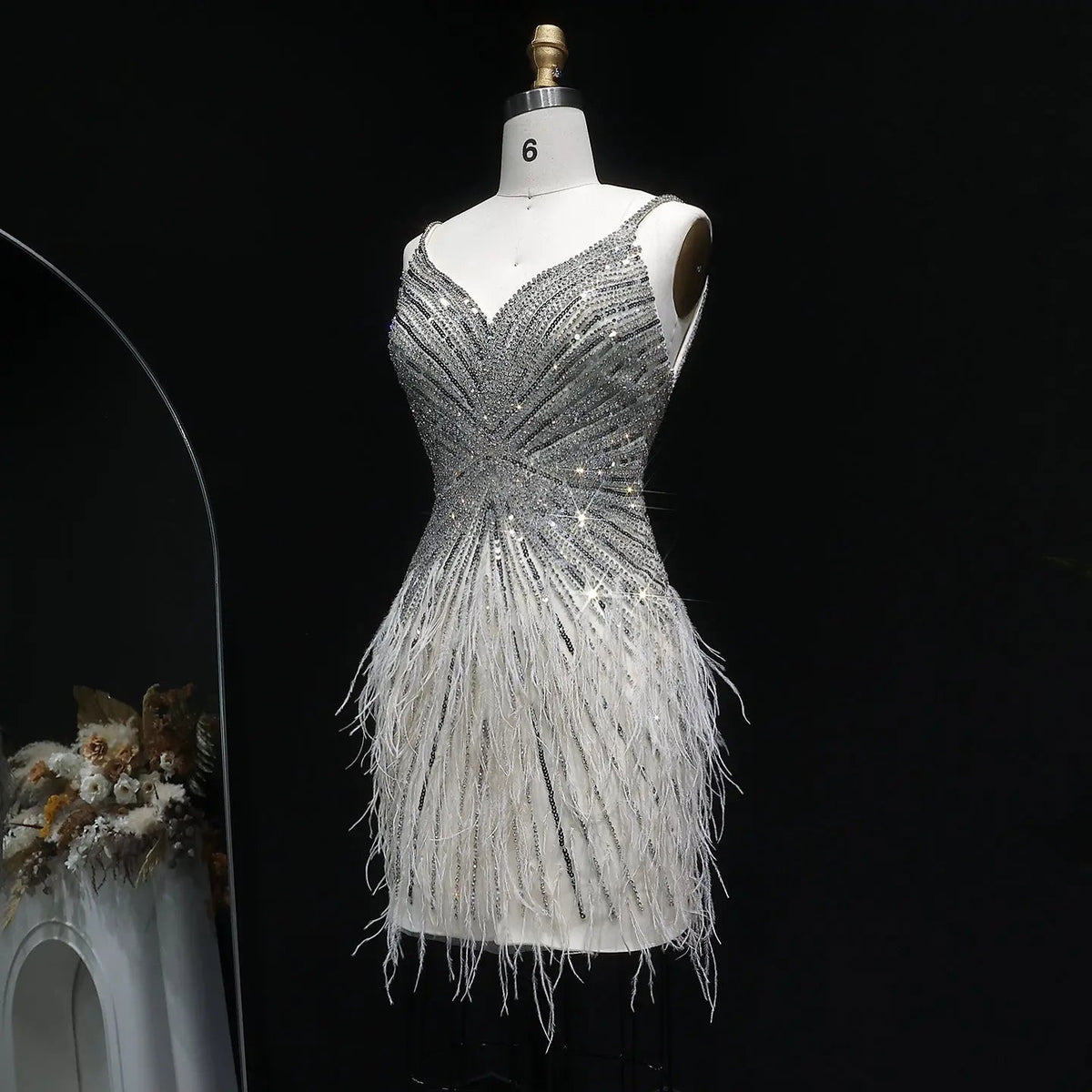 Sparkly Sequin Feather Mini Cocktail Dress Sweetheart Spaghetti Strap Party Dress RM124