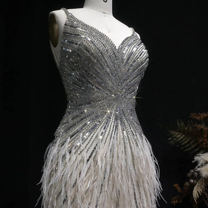 Sparkly Sequin Feather Mini Cocktail Dress Sweetheart Spaghetti Strap Party Dress RM124