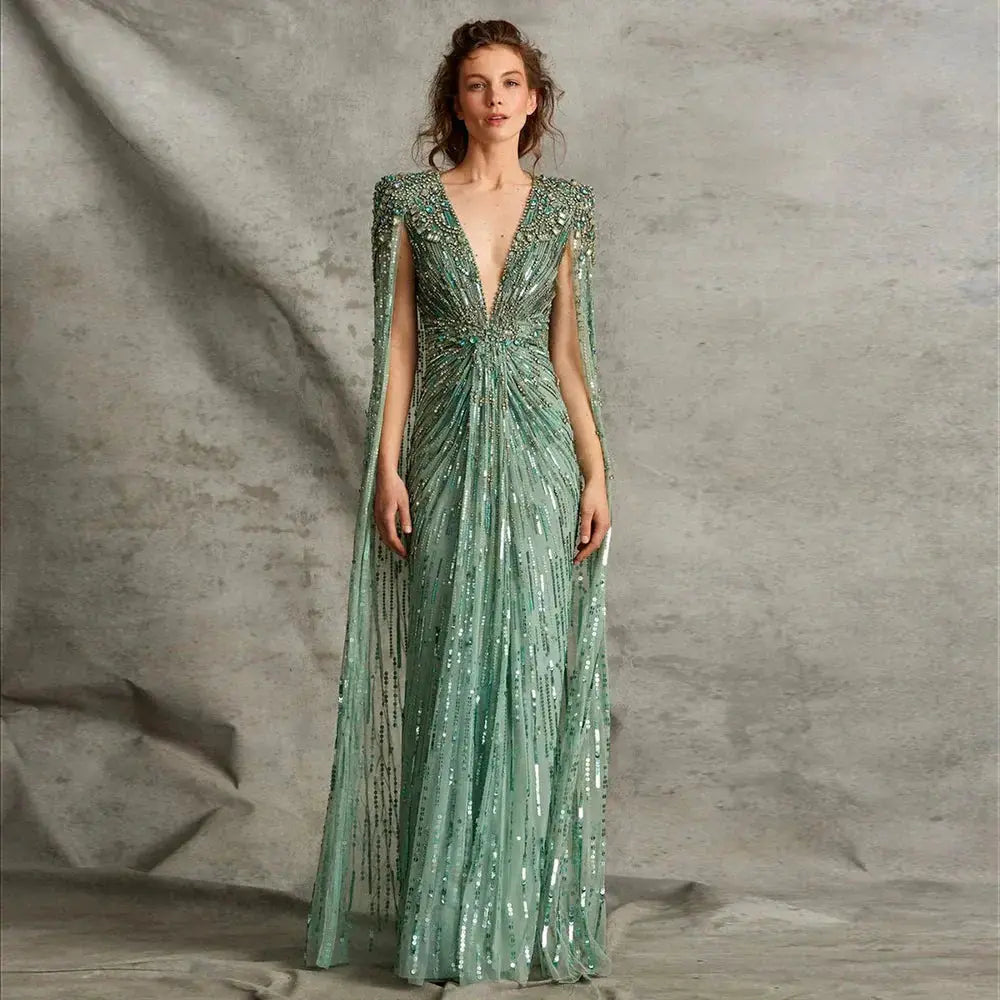 Luxury Dubai Green Evening Dresses with Cape Fuchsia Crystal Gold SS399