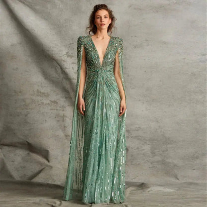 Luxury Dubai Green Evening Dresses with Cape Fuchsia Crystal Gold SS399