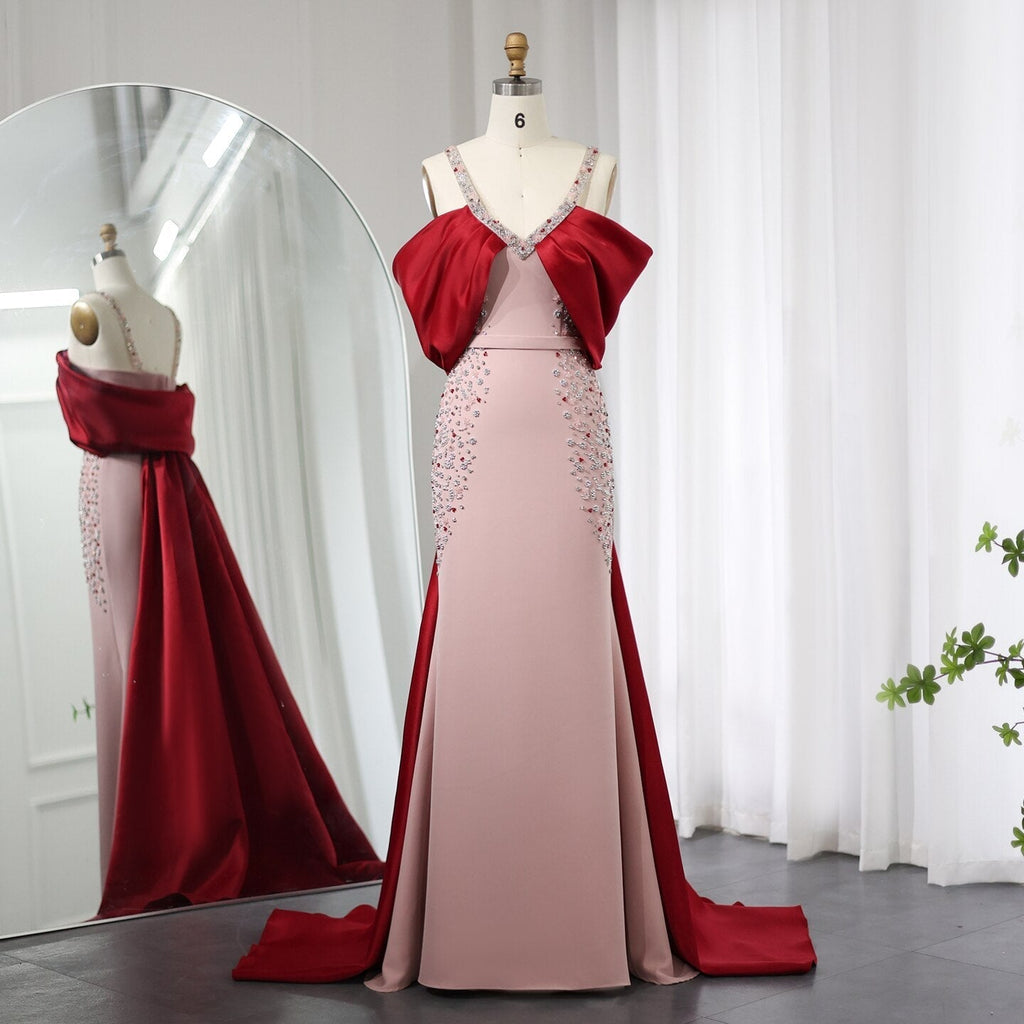Luxury Pink Burgundy Mermaid Evening Dress with Cape SS446