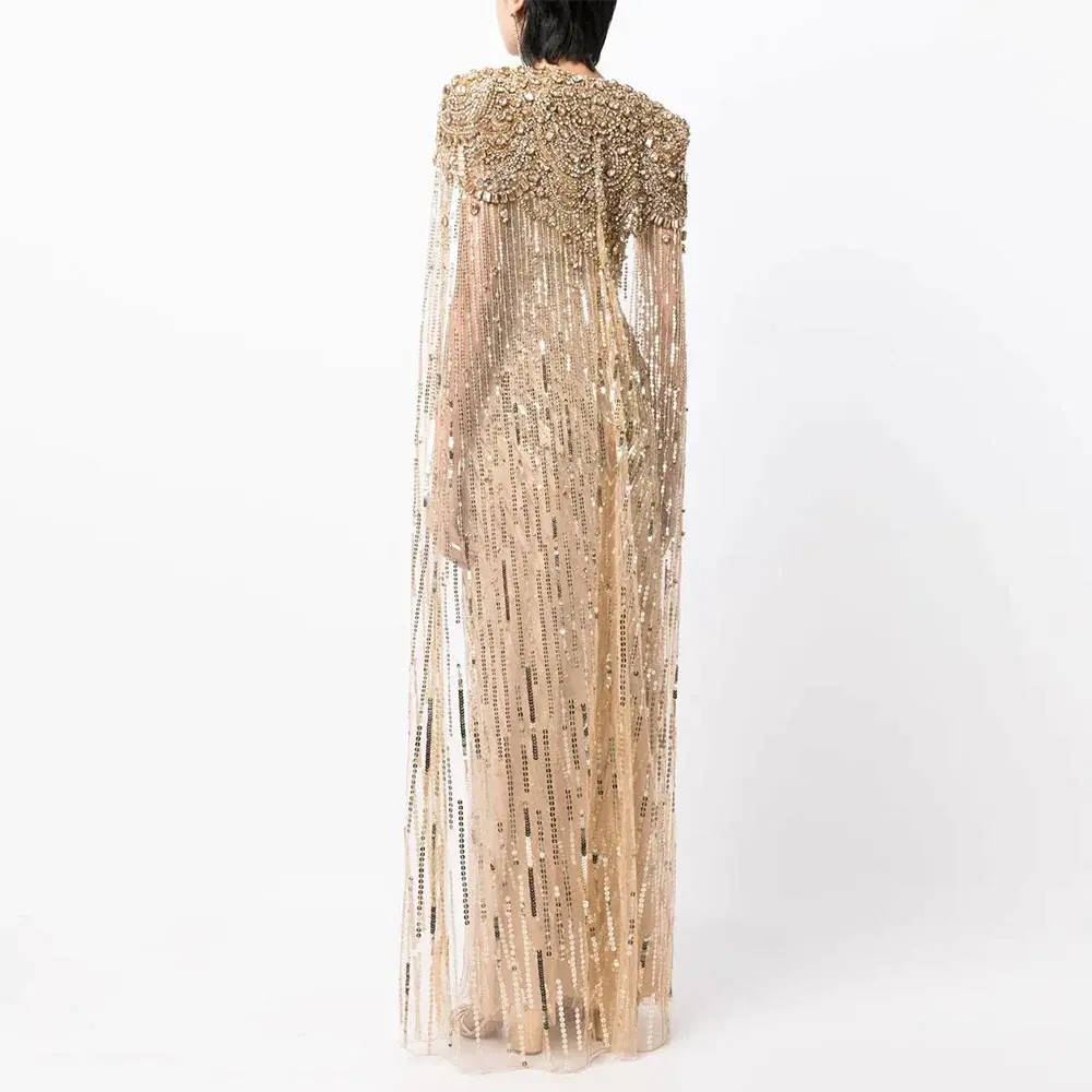 Luxury Dubai Green Evening Dresses with Cape Fuchsia Crystal Gold SS399