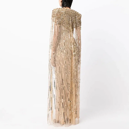 Luxury Dubai Green Evening Dresses with Cape Fuchsia Crystal Gold SS399