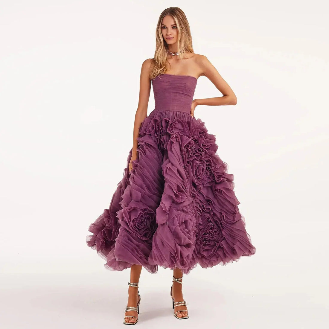 Luxury 3D Rose Flower Purple Strapless Evening Dress SF451