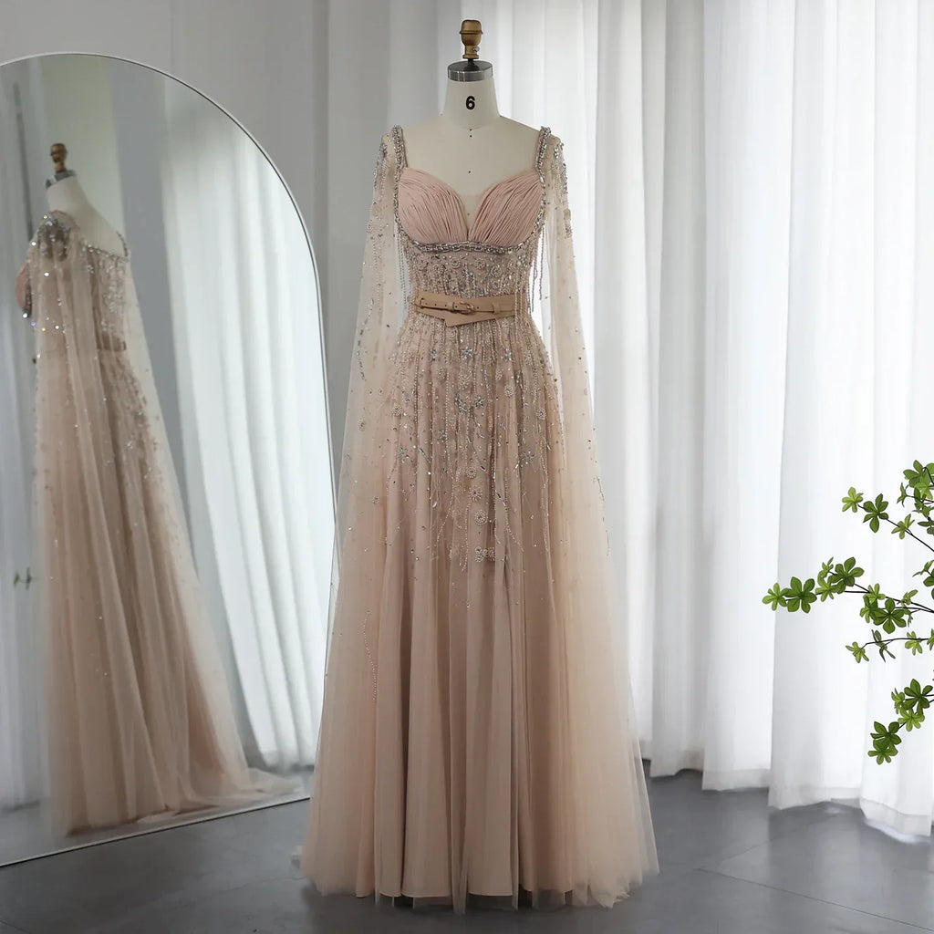 Luxury Beaded Tassel Champagne Evening Dresses with Slit SS376