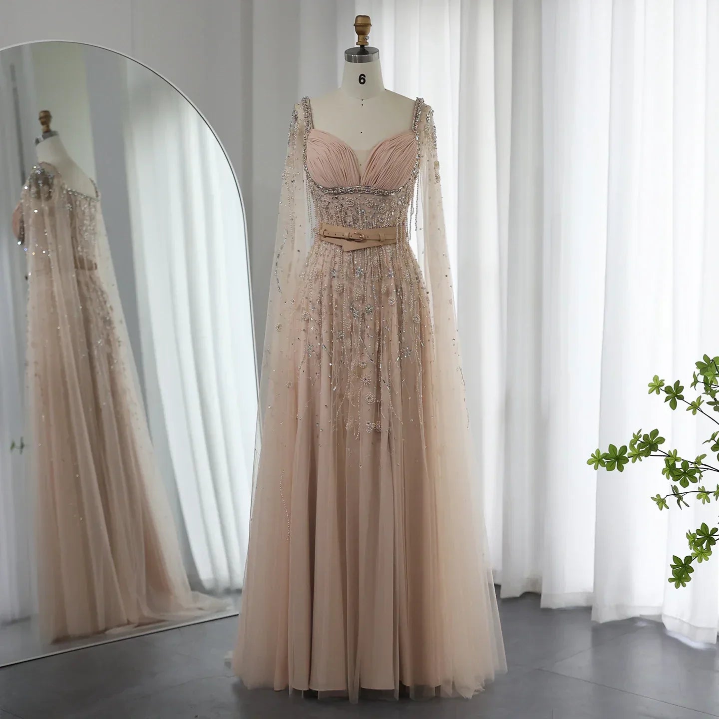 Luxury Beaded Tassel Champagne Evening Dresses with Slit SS376