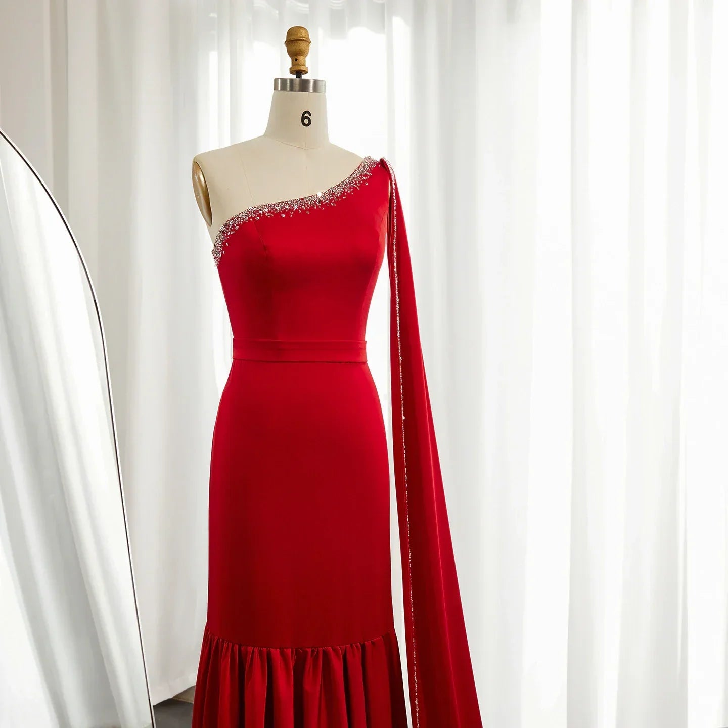 Luxury Burgundy One Shoulder Evening Dress with Cape Sleeve SS384