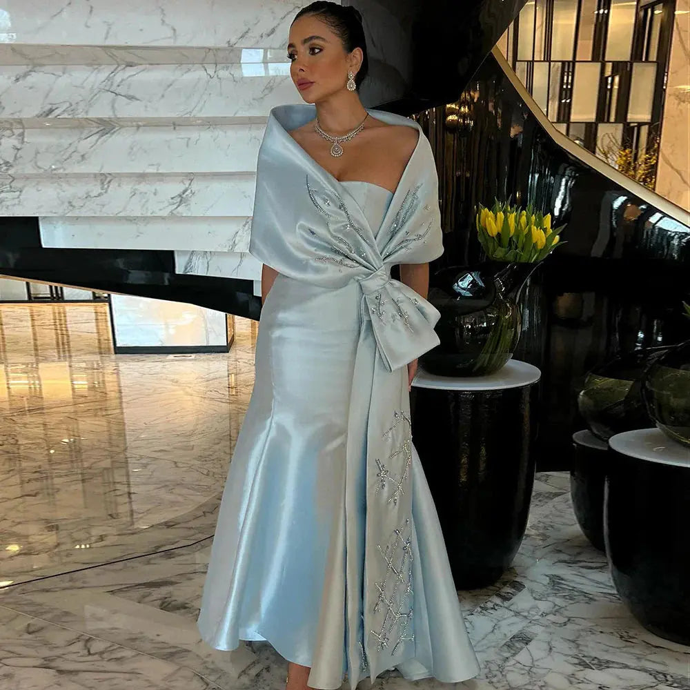 Luxury Blue Mermaid Evening Dress with Beaded Cape Shawl SS333