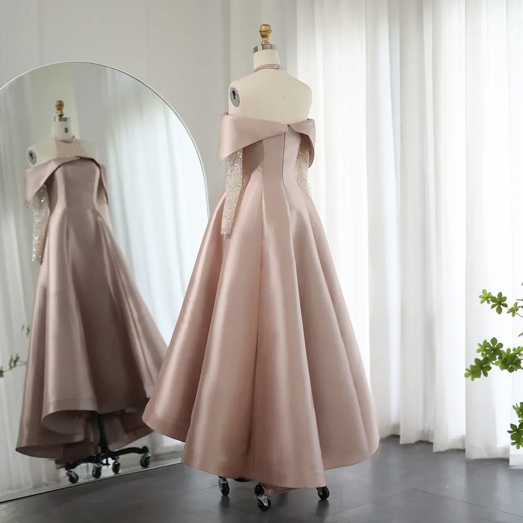 Elegant Halter Rose Gold A-Line Satin High Low Evening Dress SF058L