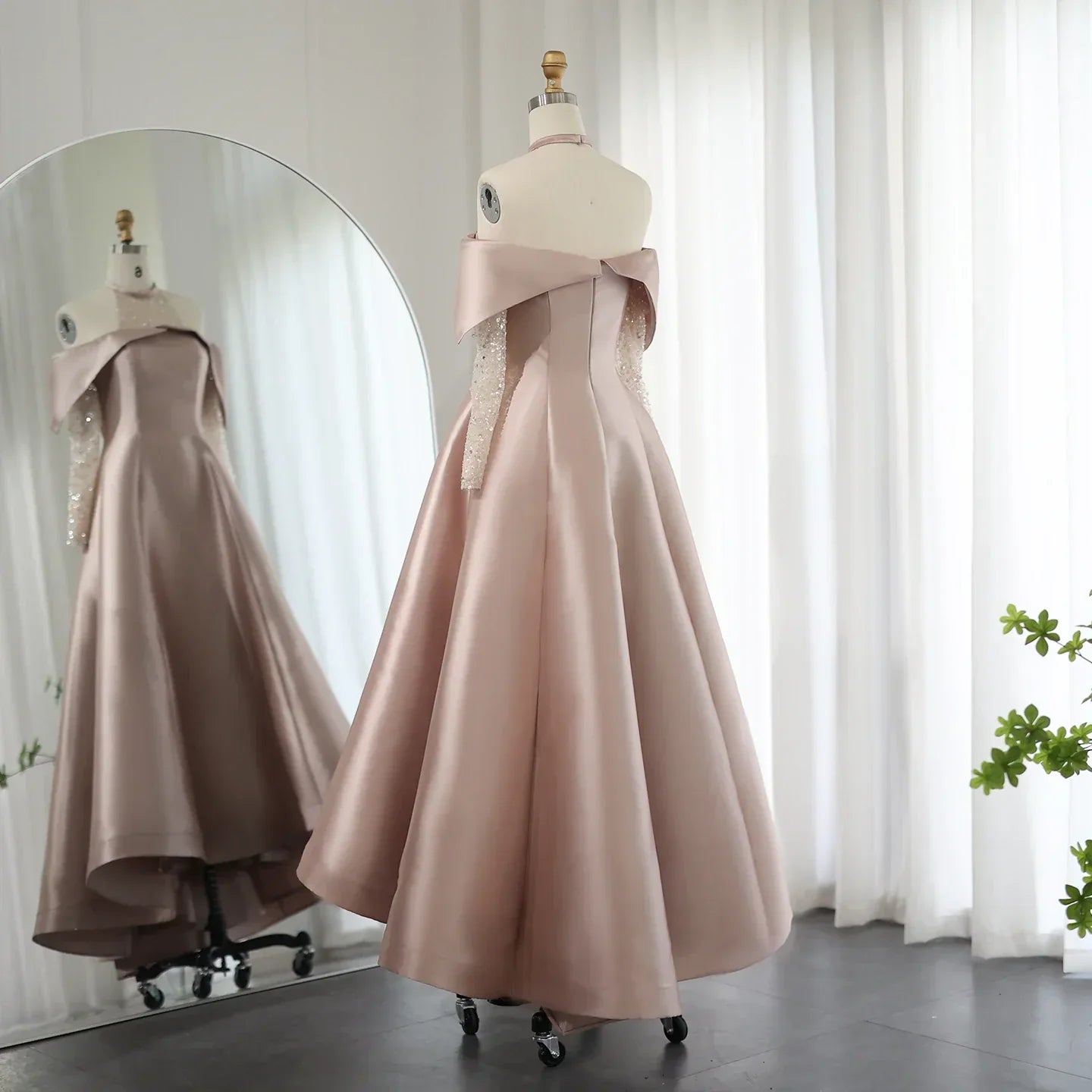 Elegant Halter Rose Gold A-Line Satin High Low Evening Dress SF058L