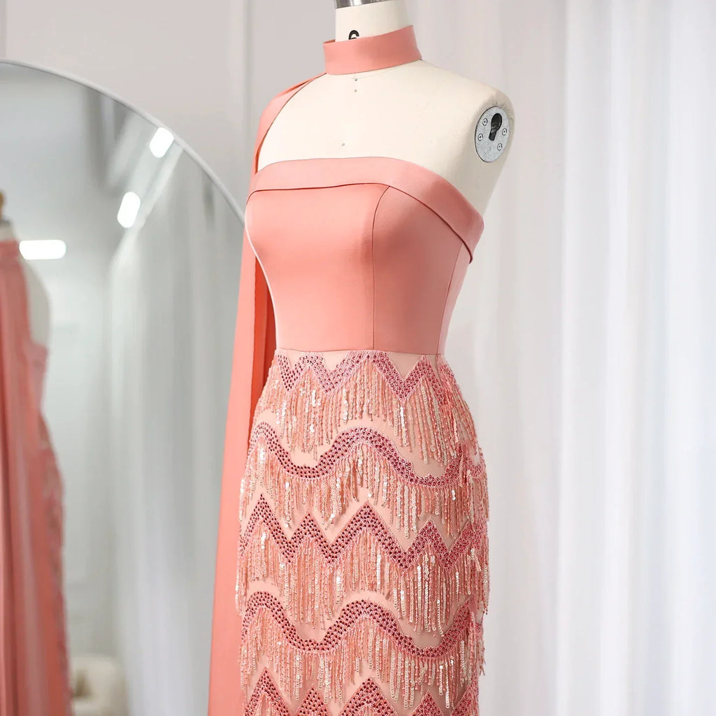 Elegant Coral Pink Tassel Strapless Evening Dress with Cape Sleeves SS143