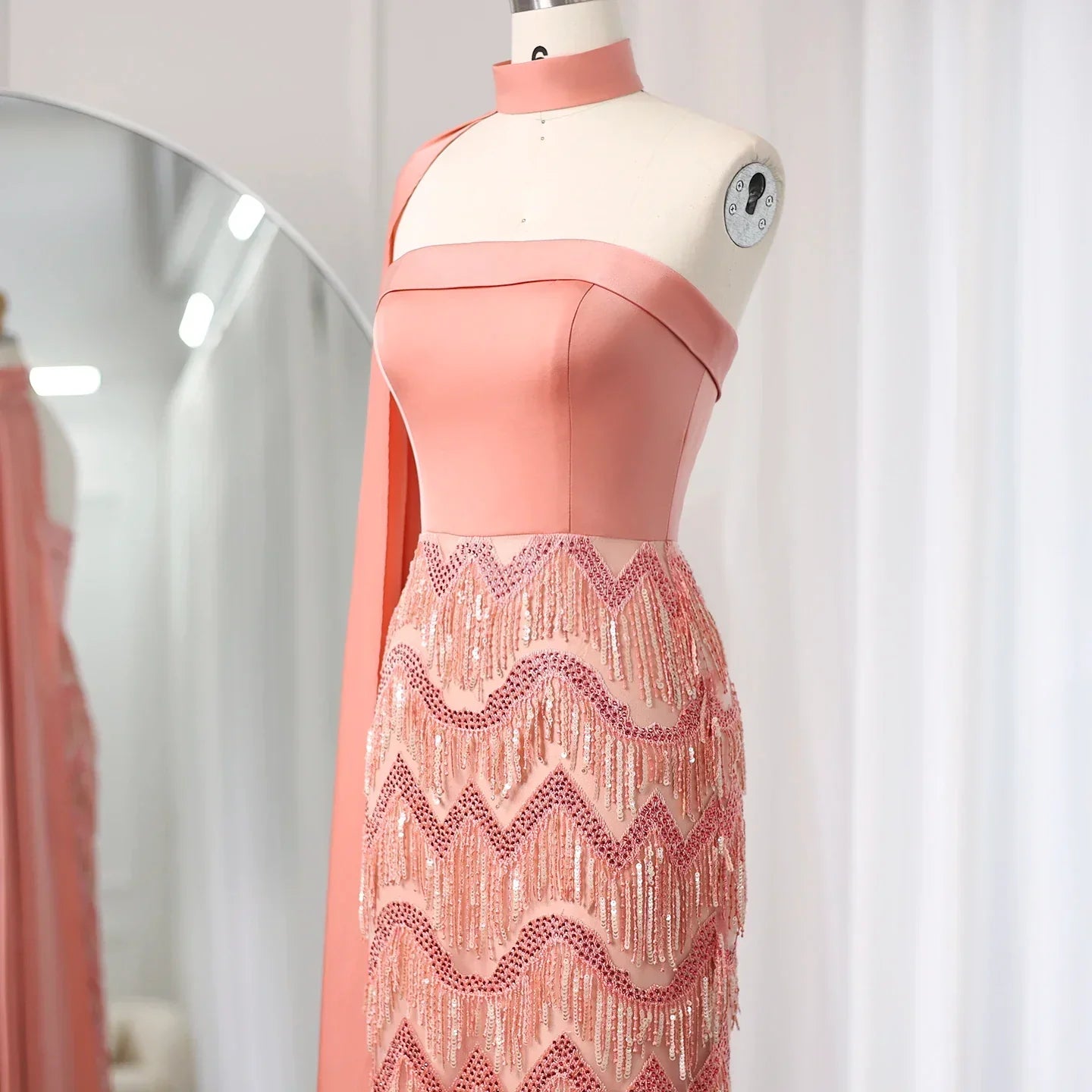 Elegant Coral Pink Tassel Strapless Evening Dress with Cape Sleeves SS143