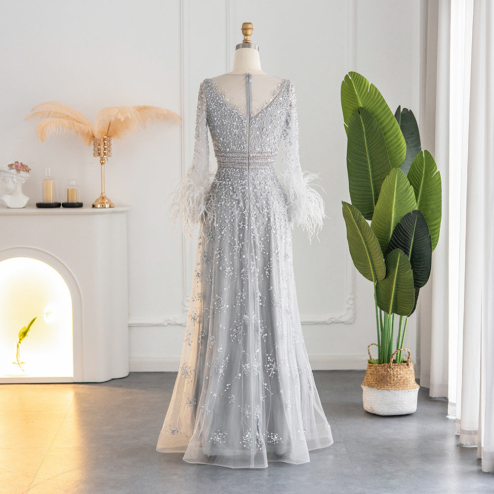 Elegant Beaded Champagne Feathers Long Sleeves Evening Dress SS101