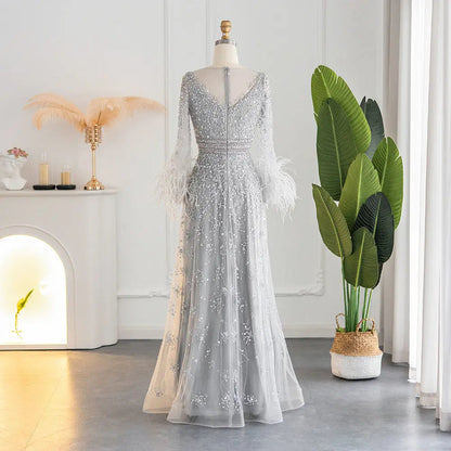Luxury Champagne Feathers Long Sleeves Evening Dress SS101