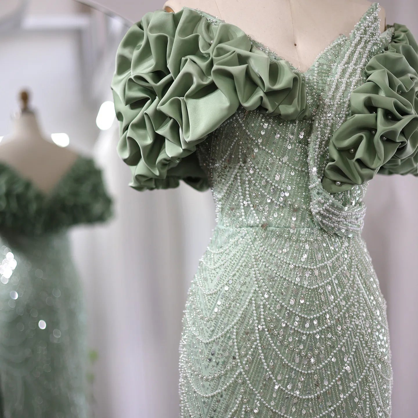 Elegant Sage Green Off Shoulder Mermaid Evening Dress SS288