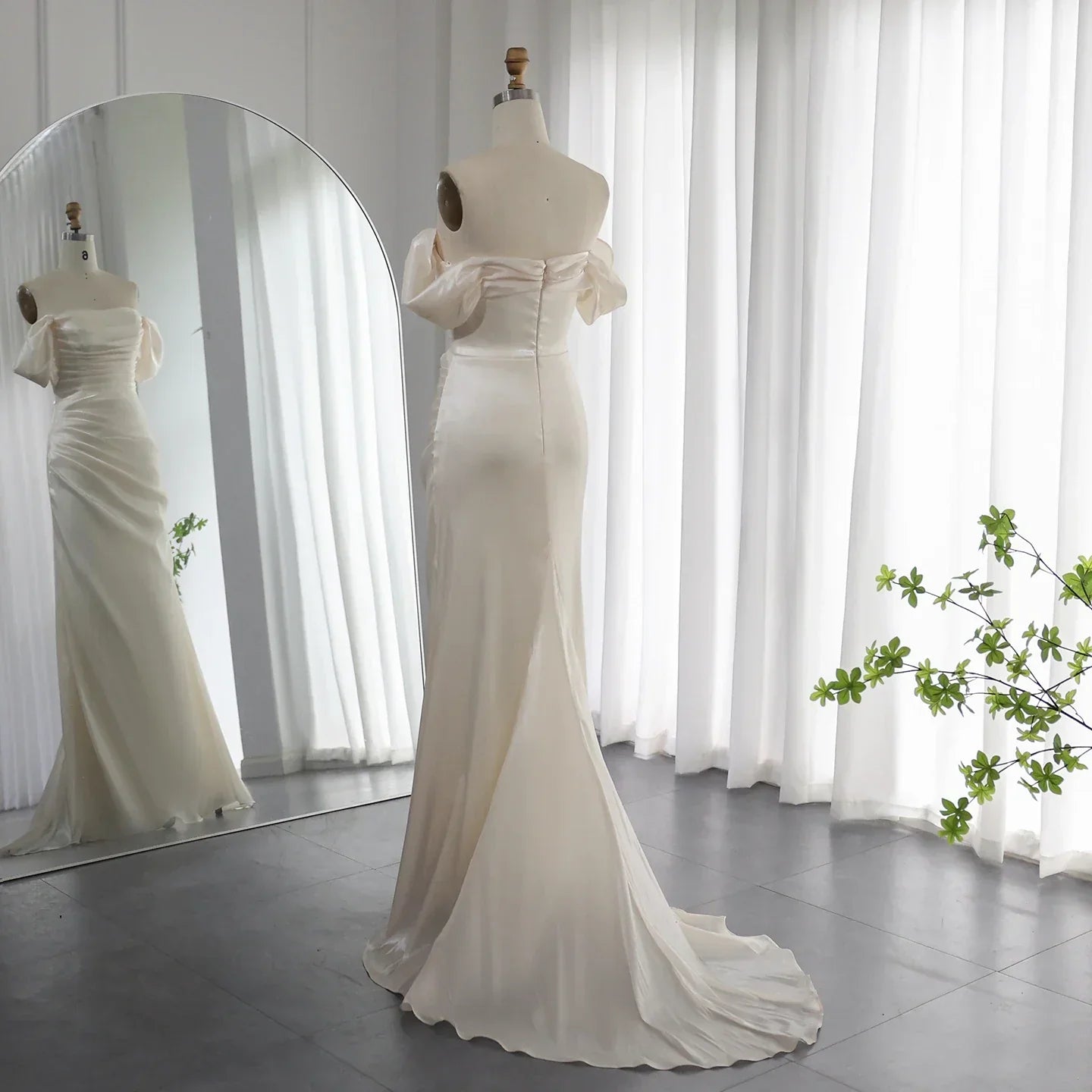 Elegant Off Shoulder Beige Mermaid Evening Dress SF001