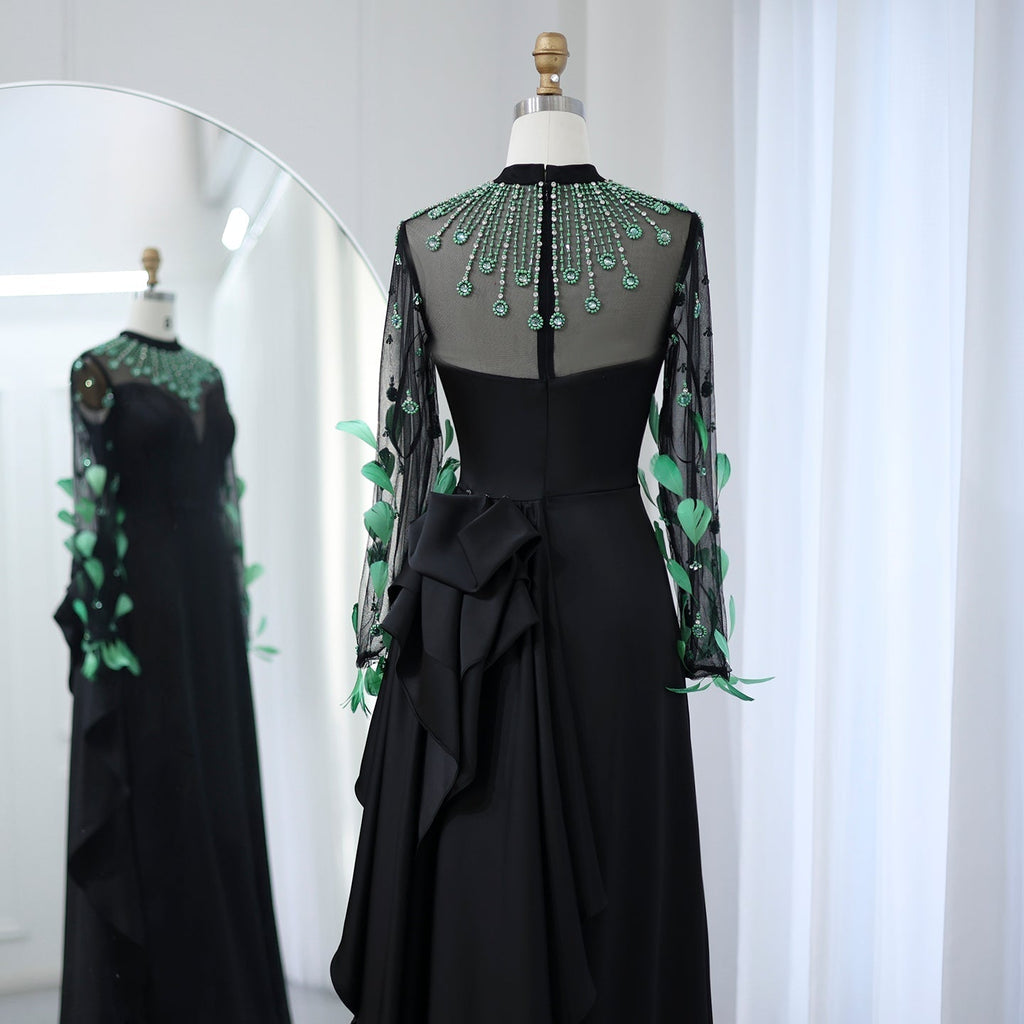 Luxury Green Feathers Black Long Sleeves Evening Dress SS457