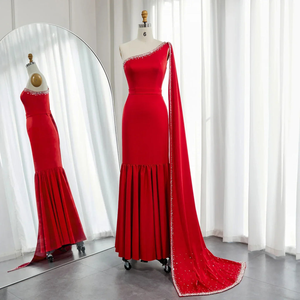 Luxury Burgundy One Shoulder Evening Dress with Cape Sleeve SS384