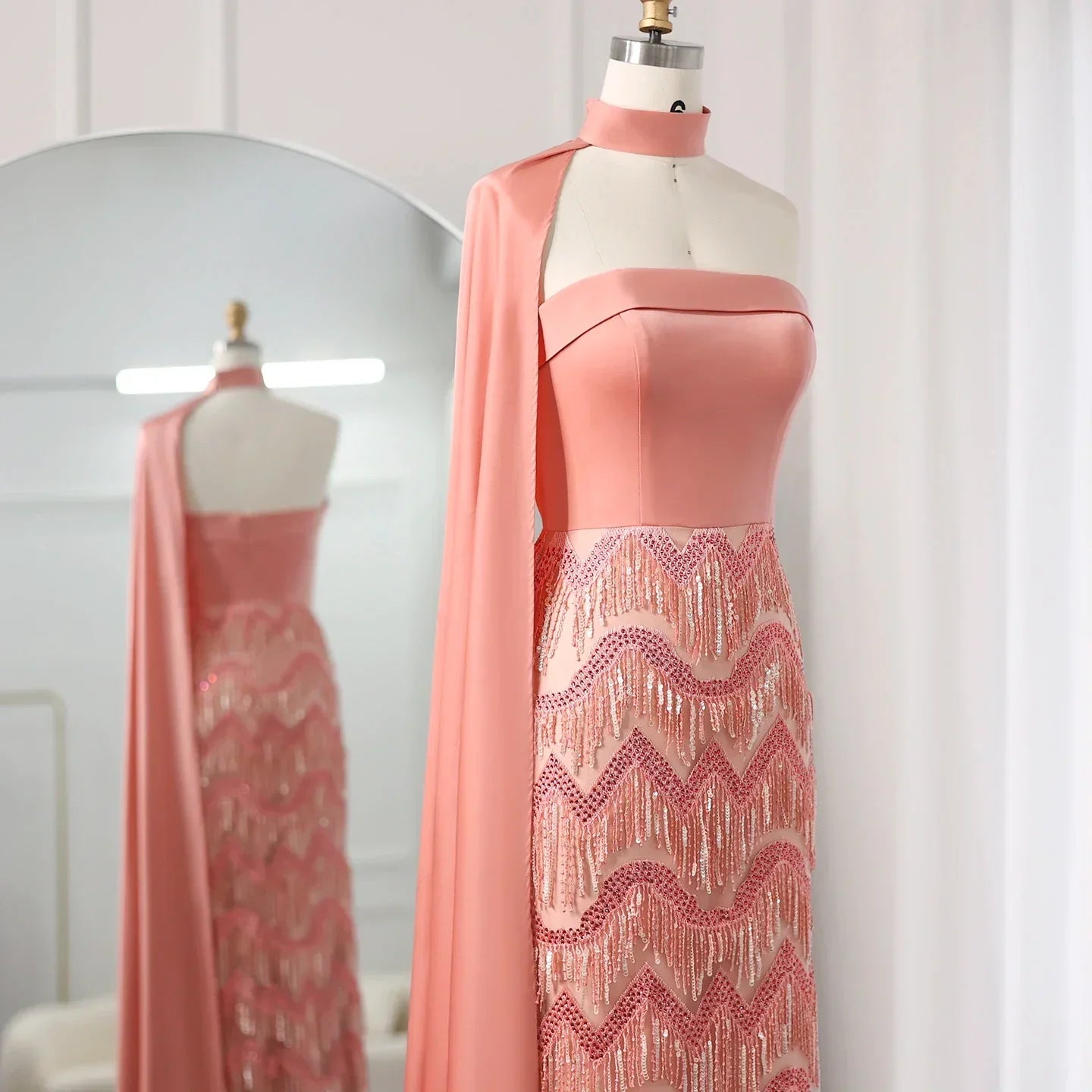 Elegant Coral Pink Tassel Strapless Evening Dress with Cape Sleeves SS143