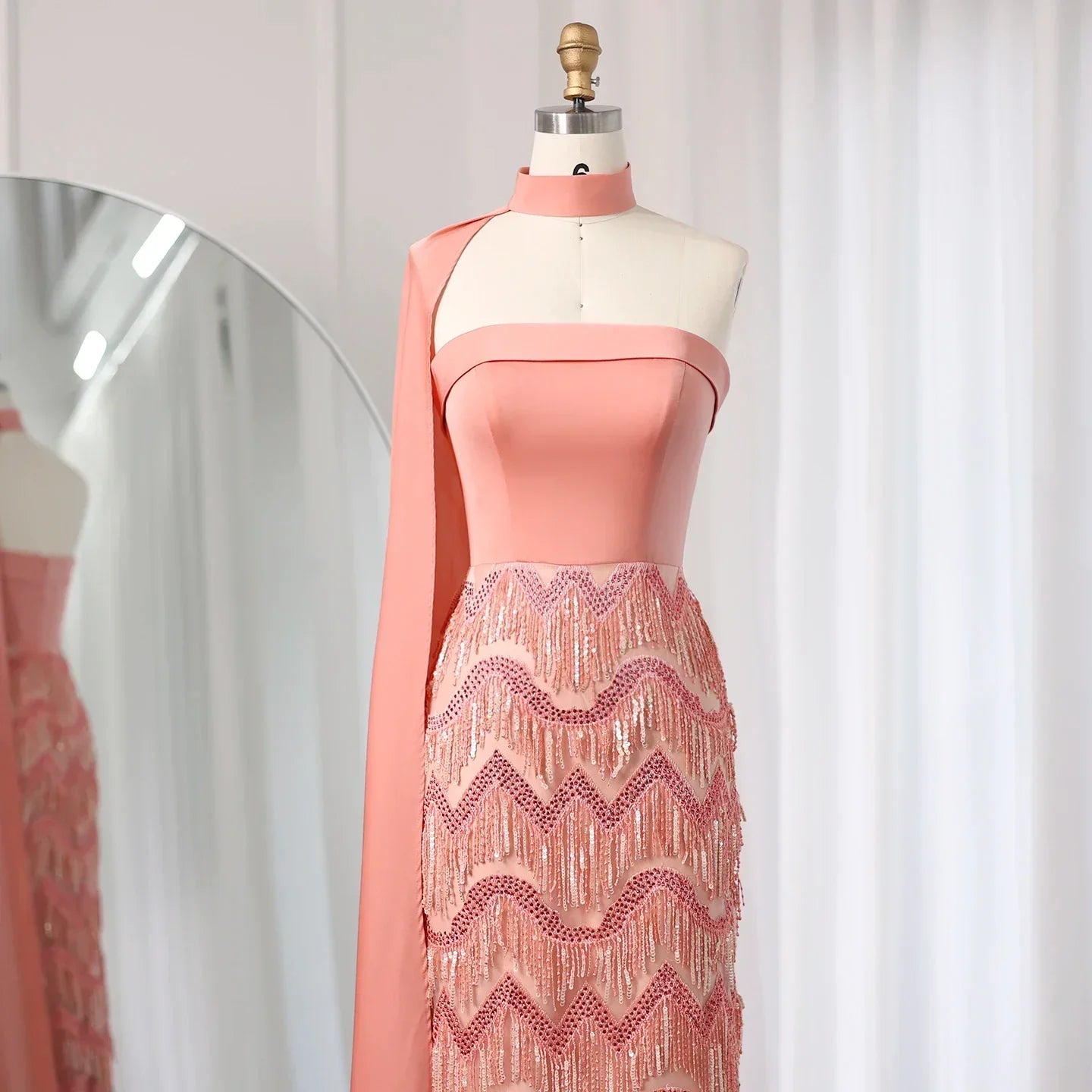 Elegant Coral Pink Tassel Strapless Evening Dress with Cape Sleeves SS143