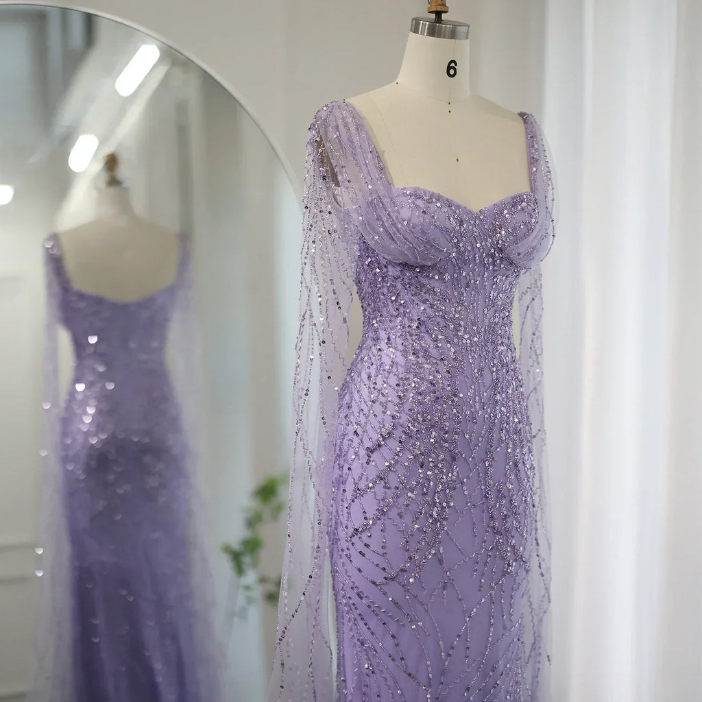Luxury Lilac Mermaid Evening Dresses with Cape Sleeves SS237
