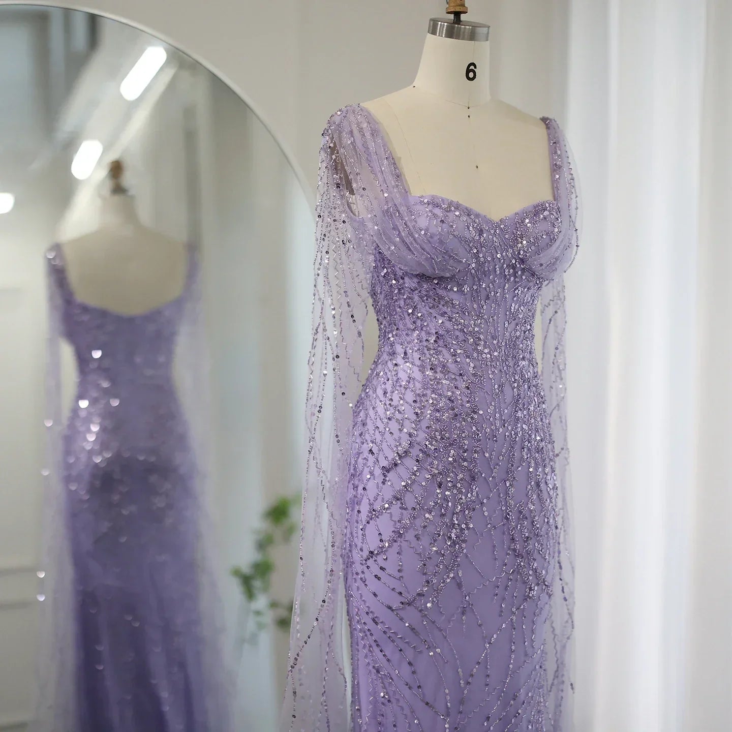 Luxury Lilac Mermaid Evening Dresses with Cape Sleeves SS237