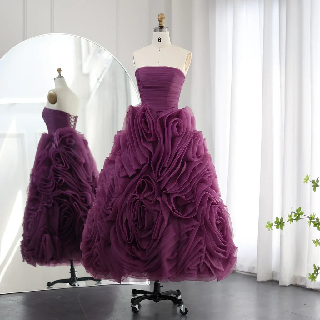 Luxury 3D Rose Flower Pink Midi Evening Dresses SS343