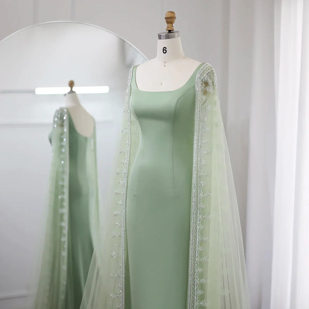 Luxury Crystal Blue Mermaid Evening Dresses with Cape Sleeves SS445